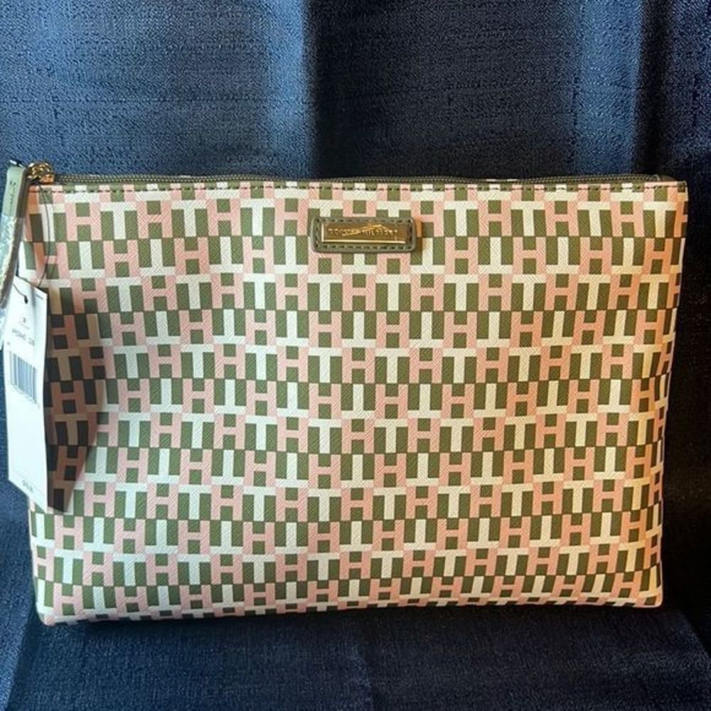 BNWT Large Tommy Hilfiger Clutch Purse Green‎ Pink White TH Logos